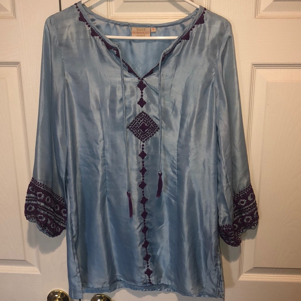 Blue silk Rungolee tunic w/ purple embroidery